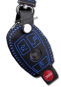 Чехол для смарт ключа Мерседес кожаный (рыбка, рестайл, хромированные бока), синий - фото 25400